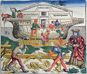 Der Bau der Arche Noah, aus der Nürnberger Chronik von Hartmann Schedel, 1493