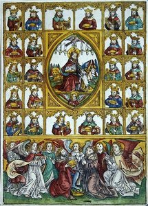 Jesus umgeben von den Symbolen der vier Evangelisten und vielen Königen mit Harfen und Goldbechern