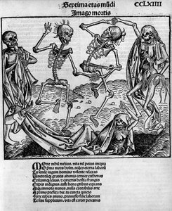 Makabre Tanzszene, mit Skeletten, - in „Chronicles of Nuremberg“ von Hartmann Schedel (1440-1514), herausgegeben in Nürnberg von Anton Koberger, 12. Juli von Michael and Pleydenwurff W. (d.1494) Wolgemuth
