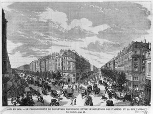 Paris im Jahr 1878, Boulevard Haussmann verlängert zwischen Boulevard des Italiens und rue Taitbout, graviert von Louis Dumont (geb. 1822) Ende des 19. Jahrhunderts