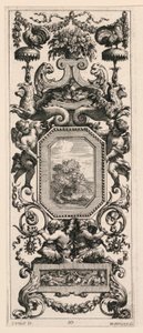Ornamentales Panel mit einem Korb voller Blumen und einer Girlande, Tafel 10 aus dem Livre de Diverses Grotesques peintes dans le Cabinet et Bains de la Reyne Regente, au Palais Royale von Michel Dorigny