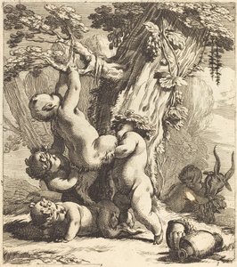 Putti und Faune klettern an einer Weinrebe von Michel Dorigny