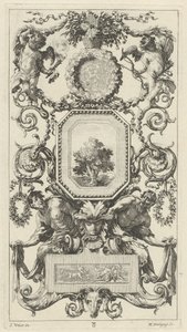 Ornamentale Tafel mit einem Blumenkorb, Amor und Hymen von Michel Dorigny, after Simon Vouet
