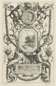 Ornamentales Paneel mit einem Medaillon mit einem Opfer von Michel Dorigny, after Simon Vouet