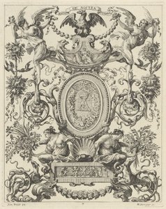 Ornamentales Panel mit einem Adler und dem Motto NATOS ET NOSTRA TUEMUR von Michel Dorigny, after Simon Vouet