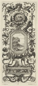 Ornamentales Paneel mit gekröntem Frauenkopf und zwei Pfauen von Michel Dorigny, after Simon Vouet