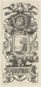 Ornamentales Paneel mit zwei Figuren, die sich auf die Büste einer Frau stützen von Michel Dorigny, after Simon Vouet
