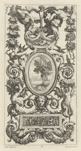 Ornamentale Tafel mit Pan und zwei Girlandentragenden Frauen von Michel Dorigny, after Simon Vouet