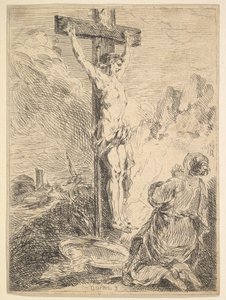 Maria Magdalena betet am Fuß des Kreuzes