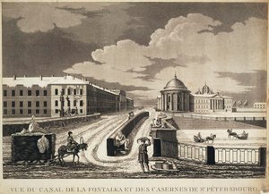 Ansicht der Izmailovsky-Brücke und Kasernen über den Fontanka-Fluss, spätes 18. Jahrhundert von Michel François Damame Demartrais