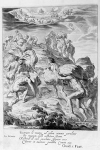 Der Versuch der Riesen, den Himmel zu erklimmen, indem sie Berge aufeinander stapeln, 1655 von Michel de Marolles