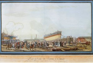 Der Stapellauf des Schiffes Le Caton im Hafen von Toulon in Anwesenheit des Grafen der Provence im Juli 1777 (Gouache) von Michel de Toulon