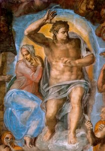 Detail des Jüngsten Gerichts: Christus richtet. Fresko von Michelangelo Buonarroti, bekannt als Michelangelo