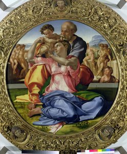Heilige Familie mit St. Johannes (Doni Tondo) 1504-05 von Michelangelo Buonarroti