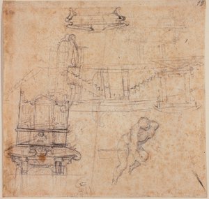 Verschiedene Studien, für einen St. Johannes den Täufer, für ein Grab und architektonische Skizzen von Michelangelo Buonarroti