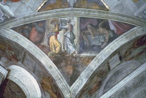 Sixtinische Kapelle Decke: Judith trägt den Kopf des Holofernes (Zwickel) (vor der Restaurierung) von Michelangelo Buonarroti