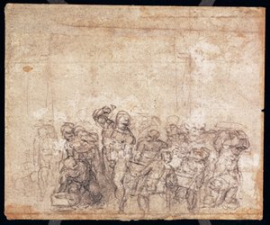Studie von Figuren für eine Erzählungsszene (Schwarzkreide auf Papier) (verso) von Michelangelo Buonarroti