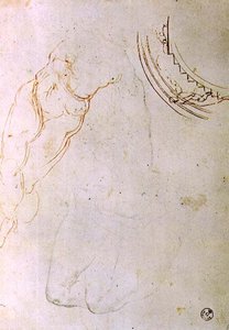 Studie einer liegenden Figur mit gekreuzten Beinen und ein Entwurf für eine Lünette, die eine Figur zeigt, die eine Treppe hinaufsteigt von Michelangelo Buonarroti