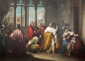 Der Doge Francesco Foscari schickt seinen Sohn Jacopo in die Verbannung ("I due Foscari") von Michelangelo Grigoletti