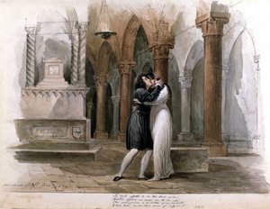 I Capuleti e i Montecchi (Les Capulet et les Montaigu) von Vincenzo Bellini, Aufführung im Fenice-Theater in Venedig. Giuditta Pasta und Giulia Grisi spielen Romeo und Julia. Aquarell von Michele Bisi