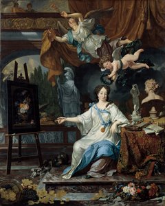Allegorisches Porträt einer Künstlerin in ihrem Atelier, ca. 1675-1685 von Michiel van Musscher