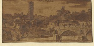 Ansicht der S. Maria in Cosmedin, des Vesta-Tempels und der Ponte S. Maria in Rom von Michiel van Overbeek