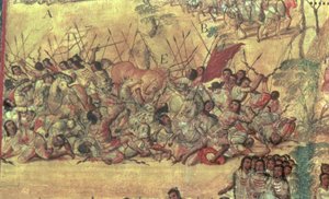 Schlacht in der Stadt Cholula zwischen den Spaniern und den Indianern im Oktober 1519 von Miguel Gonzalez