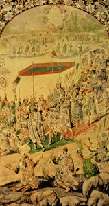 Eine von zwei Tafeln, die die Begegnung zwischen Hernando Cortes und Montezuma darstellen: Montezuma und seine Anhänger, 1698 von Miguel and Juan Gonzalez