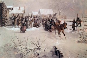 Zar Alexander II. (1818-1881) in einem Schlitten durchquert ein verschneites Dorf. Aquarell von Mihály von Zichy (1827-1906) 19. Jahrhundert Sankt Petersburg, Schloss Peterhof