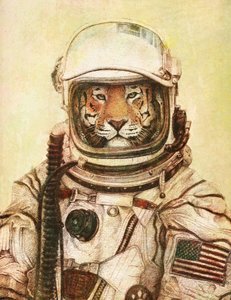 Tiger im Vintage-Astronautenanzug