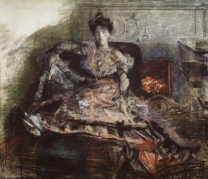 Nach dem Konzert. Porträt von N. Zabela-Vrubel am Kamin in einem von Vrubel entworfenen Kleid, 1905