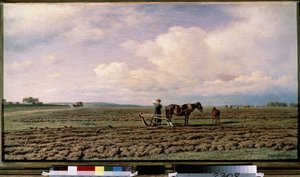 Auf dem Feld. Beschreibung einer Landschaft mit gepflügten Feldern, Bauern und ihren von Pferden gezogenen Pflügen, in der Ferne ein Gespann auf einem Feldweg