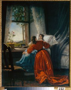 Der Krankenbesuch - Eine Frau bettet ein kleines Mädchen in einem Stuhl, der nahe am Fenster steht von Mikhail Petrovich Klodt