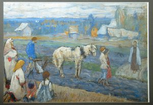 Auf dem Feld (Bauern unterbrechen die Feldarbeit bei der Erscheinung Jesu auf dem Weg) von Mikhail Vasilievich Nesterov