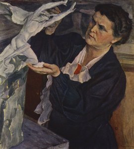 Porträt der sowjetischen Bildhauerin Vera Mukhina (Farblithografie) von Mikhail Vasilievich Nesterov