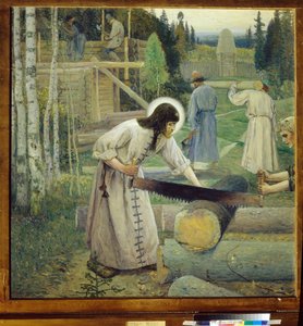 Die Arbeiten des heiligen Sergius (Triptychon, mittlerer Teil) von Mikhail Vasilievich Nesterov