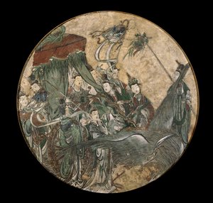 Ein polychromes Fresko, das eine weibliche Würdenträgerin zeigt, die ein Ruyi-Zepter hält und in einem von einem Phönix gezogenen Wagen sitzt von Ming Dynasty Chinese School