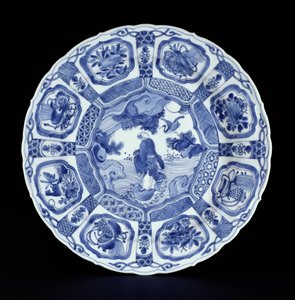 Blau-weiße Kraak-Platte mit Li Tiegvai, der das Meer auf einem Doppelkürbis überquert, Wanli-Periode, 1594-1610 (Porzellan)