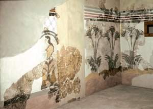 Minoische Kunst: Die Frau mit Lilien. Fresko aus Akrotiri auf Santorini. 16. Jahrhundert v. Chr. Athen, Nationalmuseum