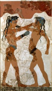 Minoische Kunst: Kampf zwischen zwei Boxern Fresko aus Akrotiri auf Santorini. 16. Jahrhundert v. Chr. Athen, Nationales Archäologisches Museum