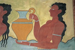 Nahaufnahme eines Wandgemäldes im Palast, Palast von Minos, Knossos, Kreta, Griechenland von Minoan