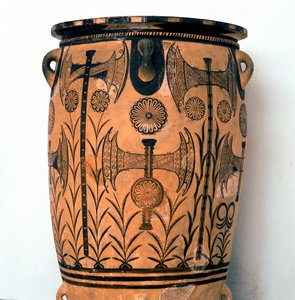 Minoische Kunst: Terrakottavase aus der Neupalatialzeit mit Symbolen der Gottheiten und Darstellungen von Himmel und Erde sowie der Doppelaxt, Symbol der kretischen Zivilisation. Aus Knossos, Heraklion, Archäologisches Museum Kreta von Minoan