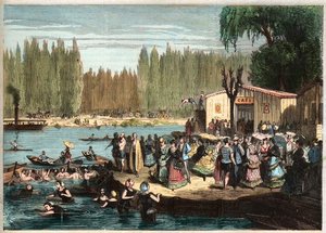 Schwimmen in La Grenouillère, außerhalb von Paris - La Grenouillère in Croissy-sur-Seine 1869 - nach Miranda von Miranda Miranda
