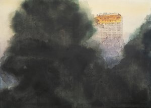Goldenes Gebäude im Nebel von Mirjam Schrei