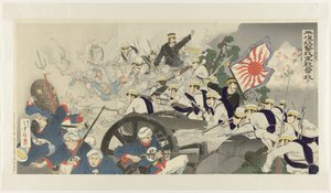 Angriff auf Pyongyang: unsere Armee übernimmt die feindliche Siedlung Heijō kōgeki waga gun tekirui o nuku (Titel auf Objekt) von Mizuno Toshikata