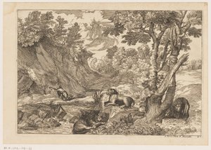 Landschaft mit dem reuigen Hieronymus und drei ruhenden Löwen von Moise Jean Baptiste Fouard