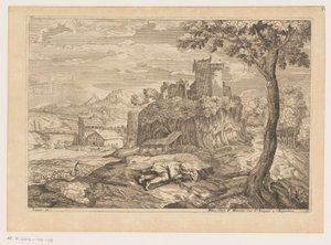 Landschaft mit ruhendem Hirten, im Hintergrund ein Fluss mit Brücke und Wassermühle von Moise Jean Baptiste Fouard