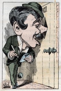 Allegorie eines „Reporters“ (Journalist) in „Le Trombinoscope“ von Touchatout, Karikatur von B. Moloch von 1882 (1849-1909). Private Sammlung von Moloch