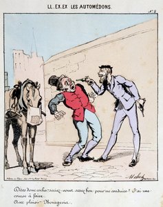 HE. EX. EX. Motoredons: Karikatur des Transports in der Stadt. Ein Bourgeois bittet höflich einen Kutscher, ihn zu fahren, während er ihn mit Waffen bedroht. Zeichnung von Moloch (1849-1909), um 1860. von Moloch