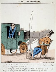 HE. EX. EX. Motoredons: Cartoon des Transports in der Stadt. Ein Kutscher zahlt pünktlich und hält an einem Café an, um ein Bier zu trinken, während die Bourgeois, die er befördert, schimpfen. Zeichnung von Moloch (1849-1909), um 1860